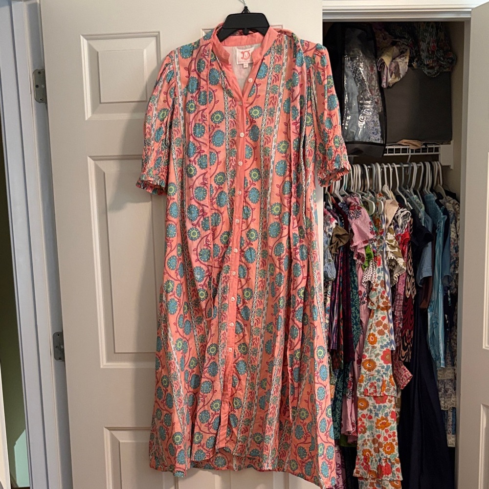 Victoria Dunn Coral and Teal Paisley Midi Dress